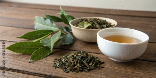 Tea leaves and tea vessel side by side on a wooden table, herbal infusion, taiwanese pu erh photo