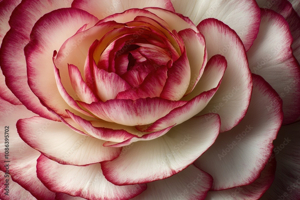 Close-up of a white and red ranunculus flower with delicate petals. Close-up of a white and red ranunculus flower with delicate petals.