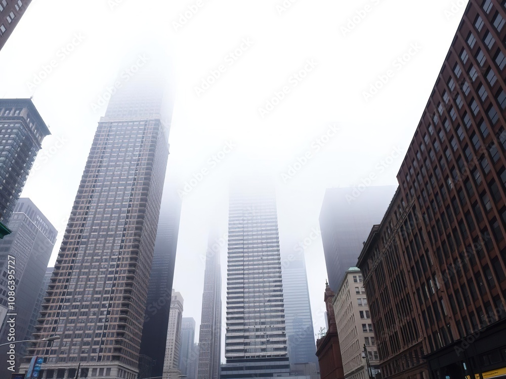 Obraz premium Towering skyscrapers rise from the streets of Lower Manhattan, their peaks shrouded in mist, steel giants, concrete towers