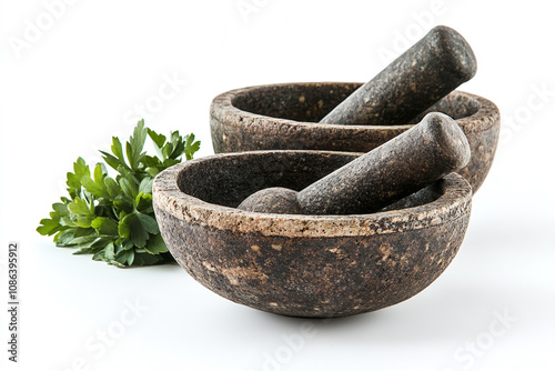 Artisanal mortar or pestles, on white background. photo