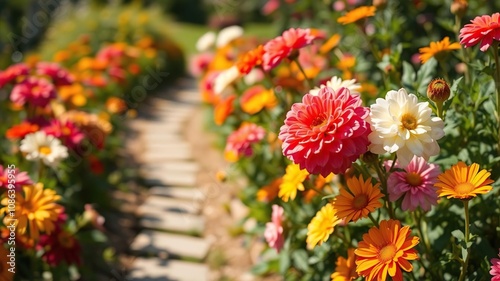 Vibrant blooming flowers on a sunny garden path, garden, spring