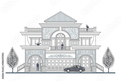 Facade of 2 storeys symmetrical modern classic house with 4 doors, 2 windows, frame, stair, railing, balustrade, canopy, balcony, triangular roof and curve wall elements.