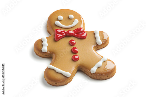 A cheerful gingerbread cookie with a smiling face, bow tie, and decorative icing.