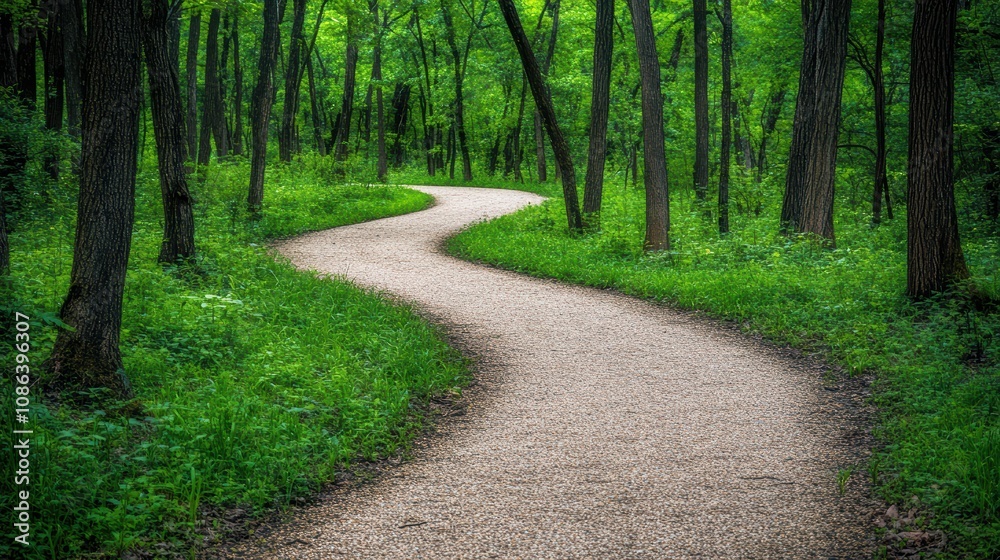 Obraz premium Scenic Winding Pathway Through Lush Forest Landscape Surrounded by Vibrant Green Trees and Flourishing Nature for Outdoor Adventure and Relaxation