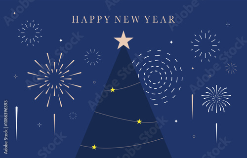 firework banner in night with christmas tree.Editable vector illustration for horizontal design photo