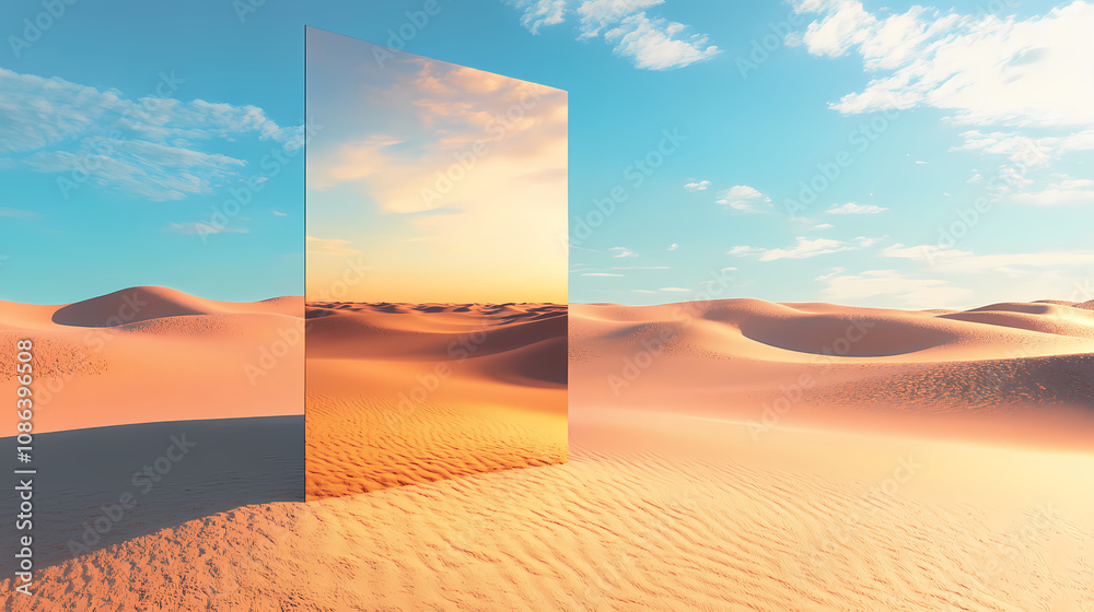 Mirror in the desert reflecting sand dunes and the sky, blending reality with illusion, surreal visual concept capturing the beauty and mystery of the landscape. Surreal Desert Mirage. Illustration Mirror in the desert reflecting sand dunes and the sky, blending reality with illusion, surreal visual concept capturing the beauty and mystery of the landscape. Surreal Desert Mirage. Illustration