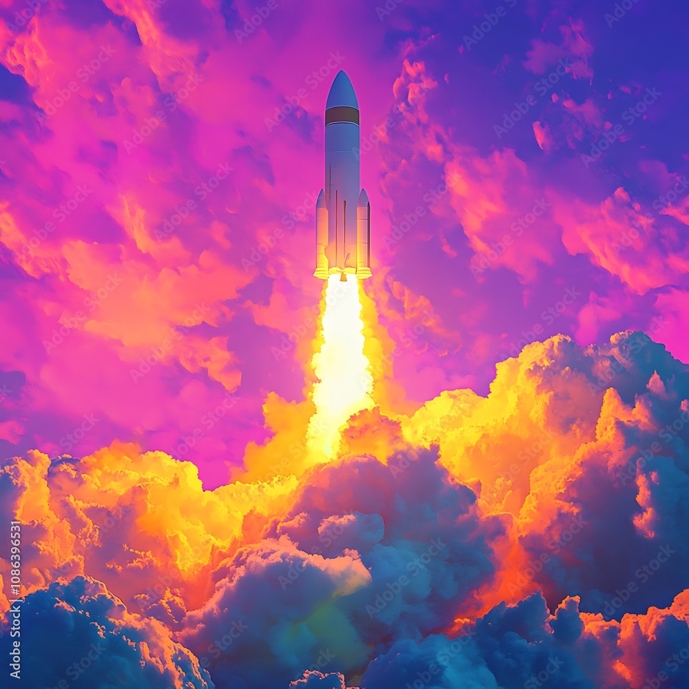 Pop art rocket liftoff glowing in vibrant colors of evening sunset picture