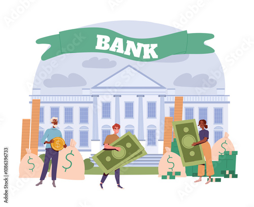 Money in bank. People with banknotes near bank building. Financial literacy and passive income. Investing and trading, economy. Flat vector illustration isolated on white background