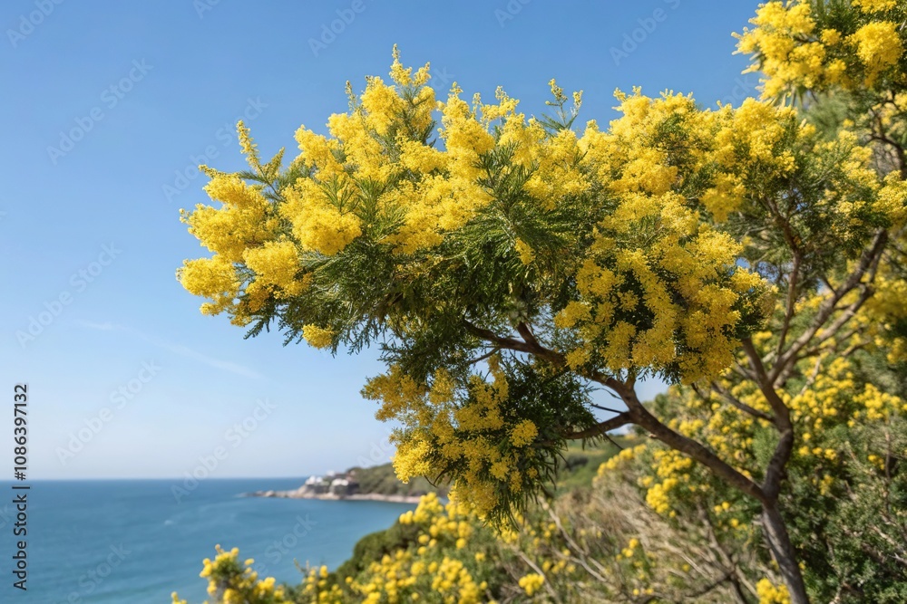 Fototapeta premium Yellow croton plant in full bloom with clusters of small yellow flowers against a bright blue summer sky, blooming flower, natural beauty, summer sky