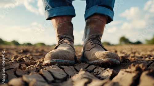 Gardener's Boots on Parched Soil Under Clear Sky