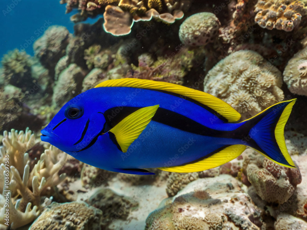 Naklejka premium coral reef and Regal blue tang fish