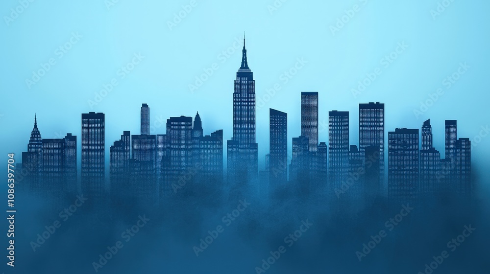 Fototapeta premium Foggy Cityscape Skyline Urban Night Modern Architecture Building Silhouette