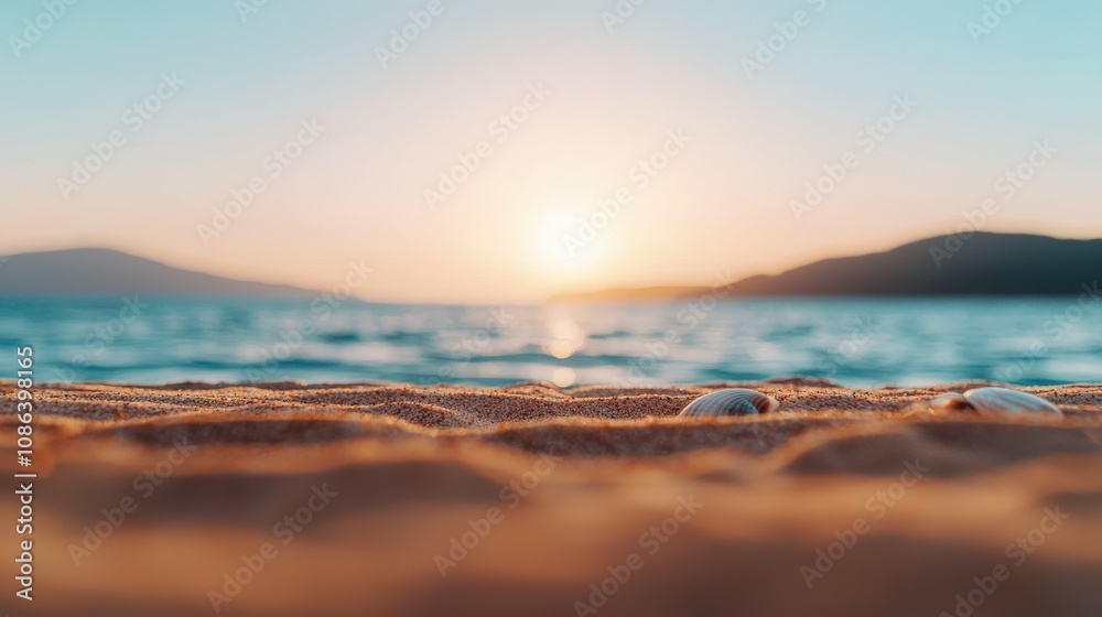 Naklejka premium Serene Sunset Beach Golden Sand Ocean Waves Seashells