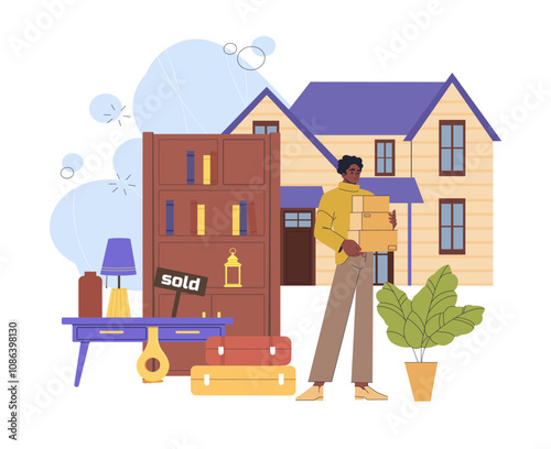 Man moving with things. Young guy with closet and table naer house. Relocation and imigration. Transportation with luggages. Flat vector illustration isolated on white background