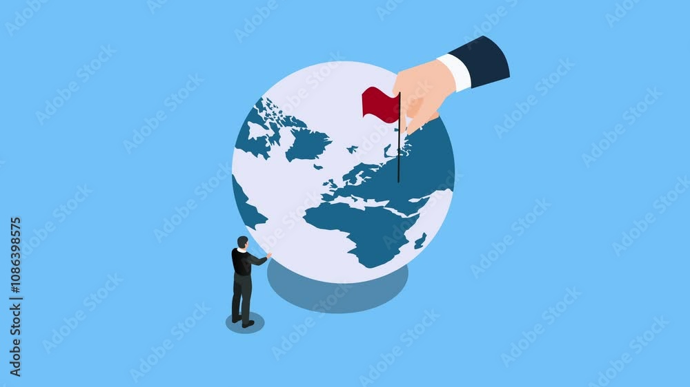 Businessman Marking Global Strategy on World Map with Red Flag 3d animation cartoon Businessman Marking Global Strategy on World Map with Red Flag 3d animation cartoon
