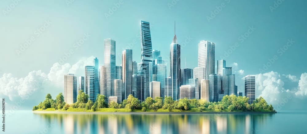 Fototapeta premium Modern city skyline on a small island with lush greenery, reflecting in the water under a blue sky with fluffy clouds.