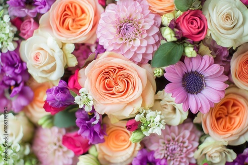 Colorful bouquet of flowers, roses, dahlias, and gerberas.