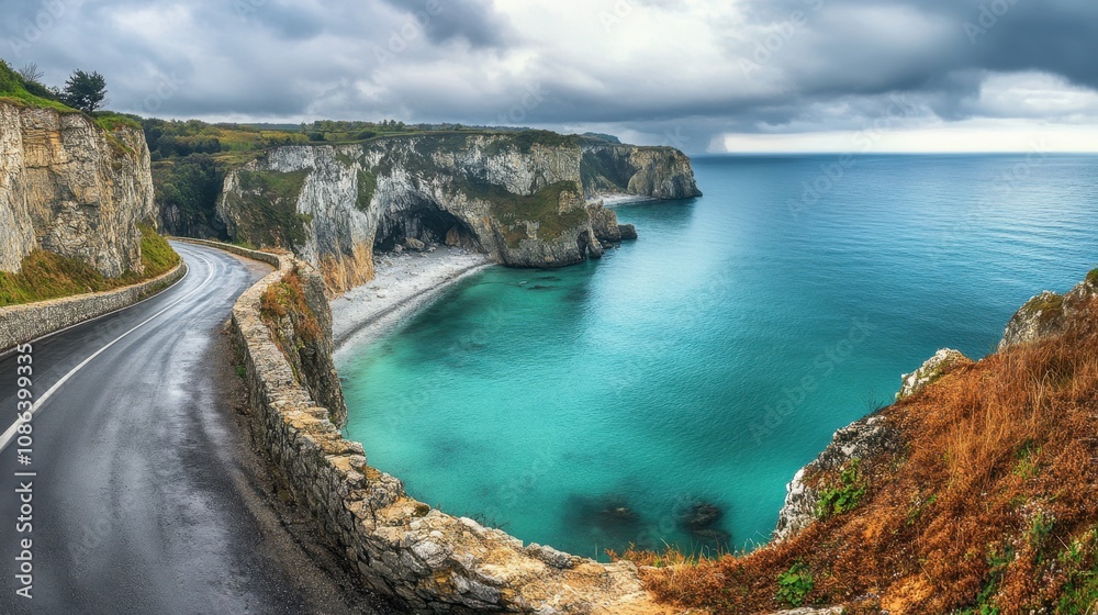 Serene Coastal Drive: Minimalist Scene of Winding Road Amidst Turquoise Sea and Cliffs Serene Coastal Drive: Minimalist Scene of Winding Road Amidst Turquoise Sea and Cliffs