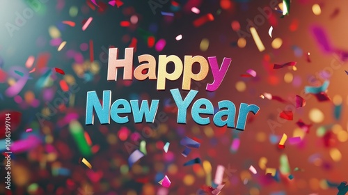 Wishing a Happy New Year in a modern, artistic font on a dark purple backdrop, adorned with colorful fireworks and sparkles, providing a festive design with room for personal messages.