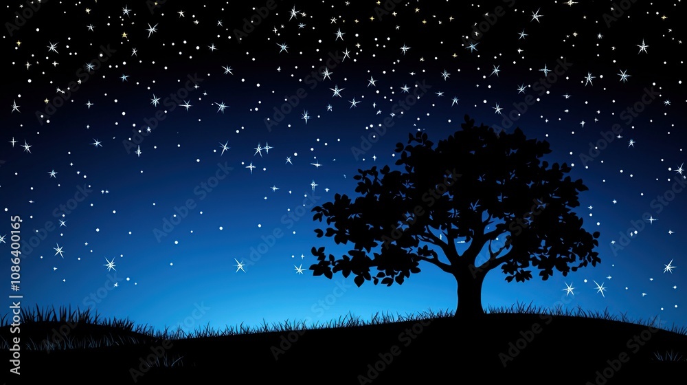 A serene night scene featuring a silhouetted tree under a starry sky. A serene night scene featuring a silhouetted tree under a starry sky.