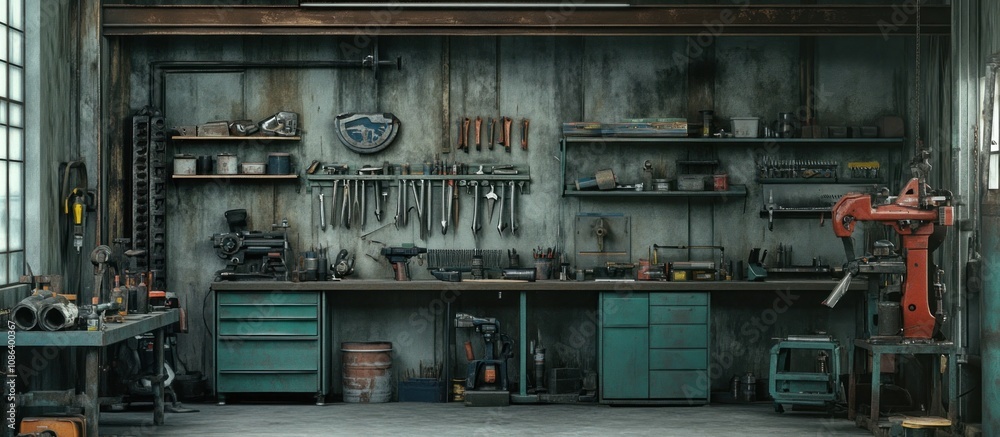 High-quality photograph of an industrial workshop with various power tools, saws, and grinders organized on shelves High-quality photograph of an industrial workshop with various power tools, saws, and grinders organized on shelves