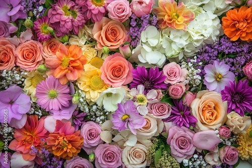 Colorful floral background with roses, dahlias, and hydrangeas.