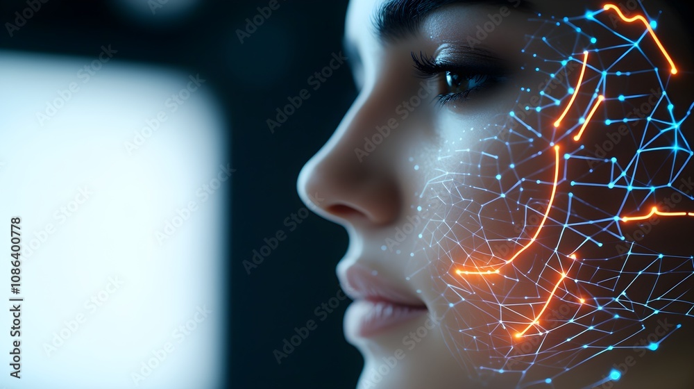 Detailed face shot of a woman with perfect skin and lifting indicators, high-end skincare treatment visualization, minimal white setting Detailed face shot of a woman with perfect skin and lifting indicators, high-end skincare treatment visualization, minimal white setting