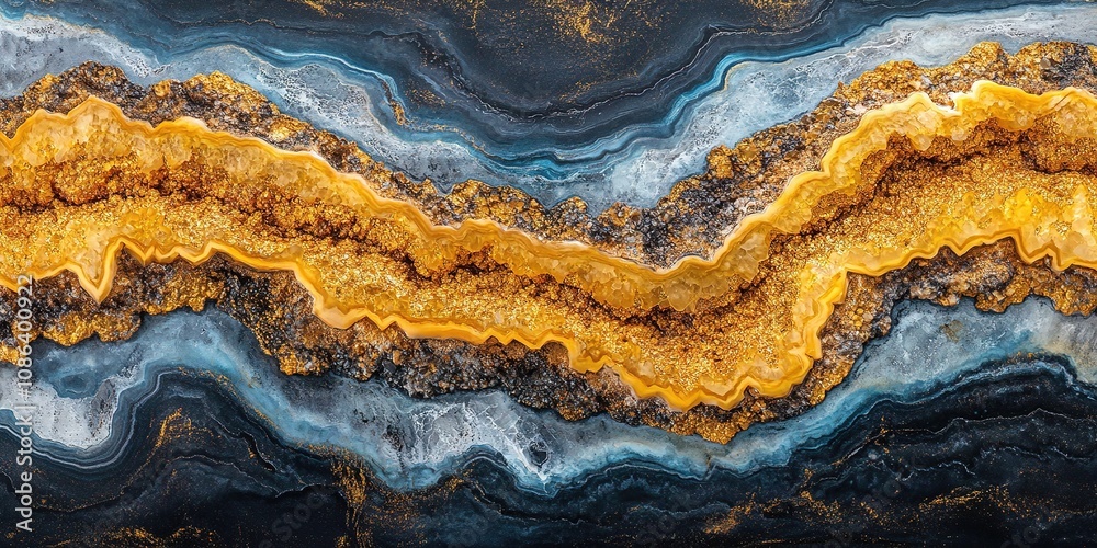 Fototapeta premium Abstract Marketing Background Featuring a 3D Carpet Wallpaper Design with Resin Crystal Cave Art in Watercolor Style, Showcasing Luxurious Gold, Black, and White Elements, Perfect for Home Wall Decora