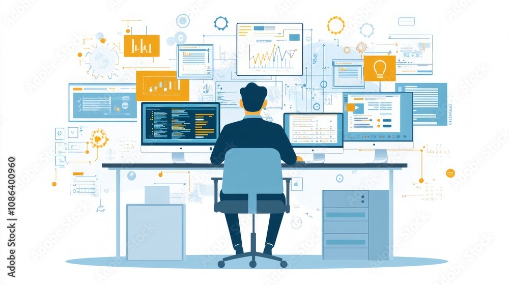 Modern Tech Workspace with Coding and Data Visualization