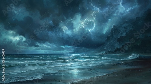 A stormy seascape with lightning striking over dramatic mountains and crashing waves on a sandy beach.