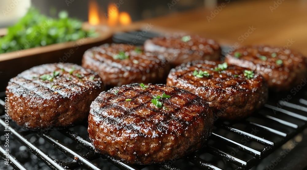 Juicy grilled burger patties on a grill, ready to be served. Juicy grilled burger patties on a grill, ready to be served.
