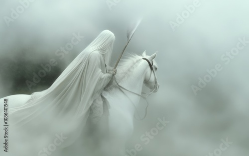 Pale horse of Revelation: symbol of death, destruction, haunting of a rider empowered to bring widespread death, profound reminder of fleeting nature of life, inevitable judgement of human folly. photo