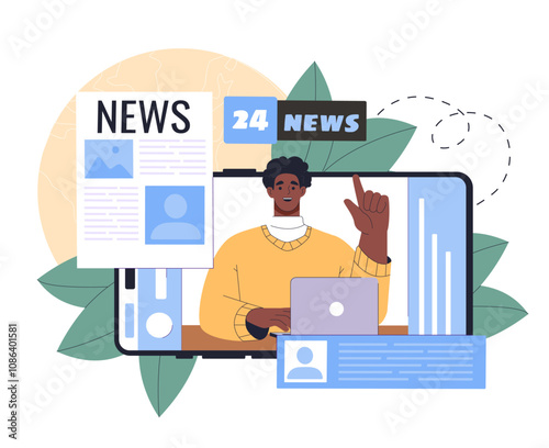 Man with news online. Young guy on computer screen with information. Article on internet. Latest and breaking news. TV show host. Flat vector illustration isolated on white background