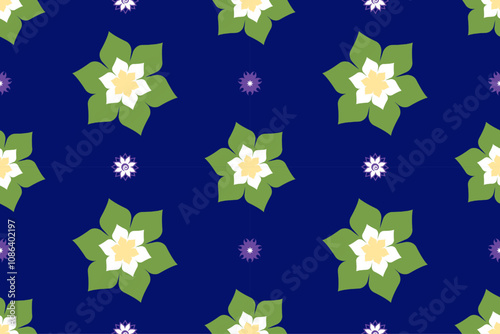 vibrant floral pattern featuring green leaves and white flowers on dark blue background, creating lively and cheerful atmosphere