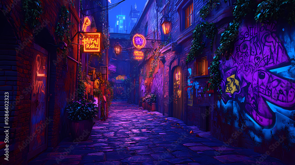 Fototapeta premium Vibrant digital artwork of an urban alley illuminated by neon lights and decorated with graffiti. Neon Cyberpunk Alley. Illustration