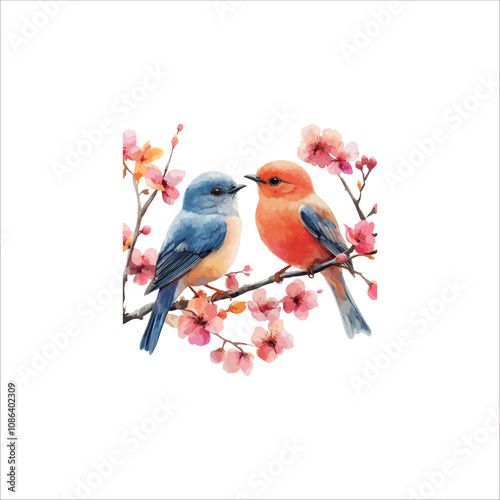 Watercolor lovebirds couple on a branch illustration. love Birds and heart watercolor vector.
