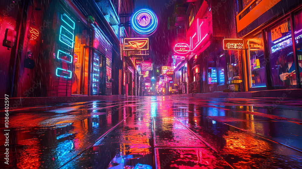 Fototapeta premium Neon signs and lights reflecting on wet street in urban city setting. Neon Cyberpunk Alley. Illustration