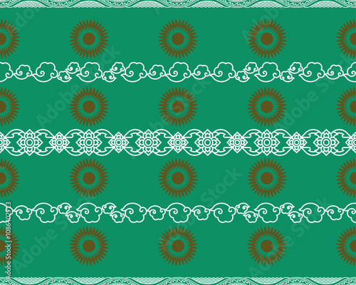 vibrant green pattern featuring decorative white clouds and sun motifs, creating harmonious design. Ideal for textiles or wallpapers