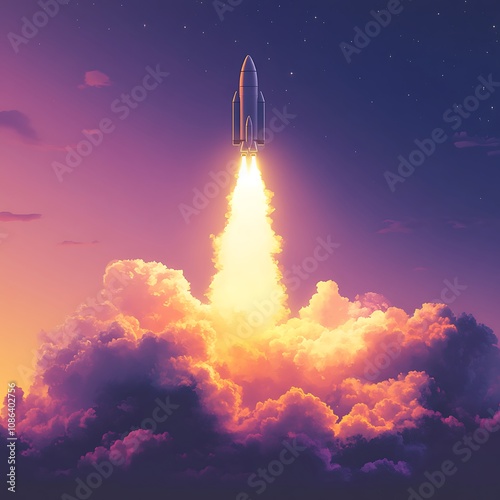 Rocket launch in pop art style against dazzling sunset backdrop image