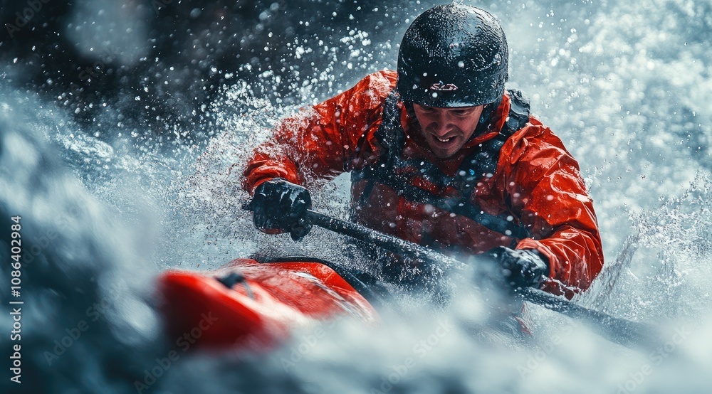 Kayaker navigating a rapid, water splashing.