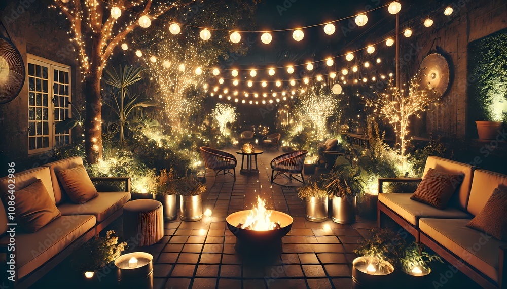 night garden illuminated by string lights hanging across the area, highlighting cozy seating areas, potted plants, and a fire pit. Generative AI night garden illuminated by string lights hanging across the area, highlighting cozy seating areas, potted plants, and a fire pit. Generative AI