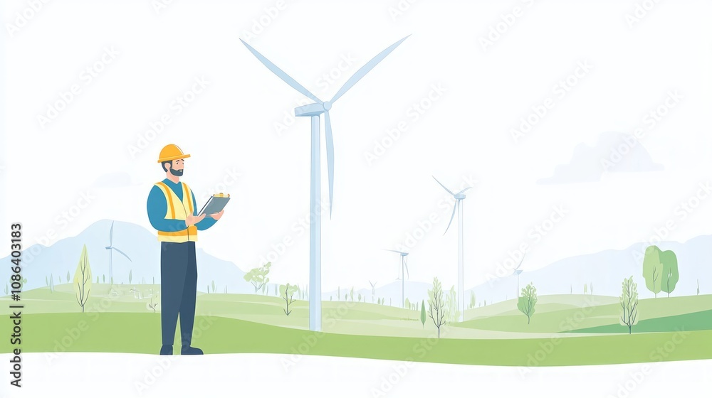Obraz premium Wind Energy Technician Inspecting Wind Turbines in a Green Landscape