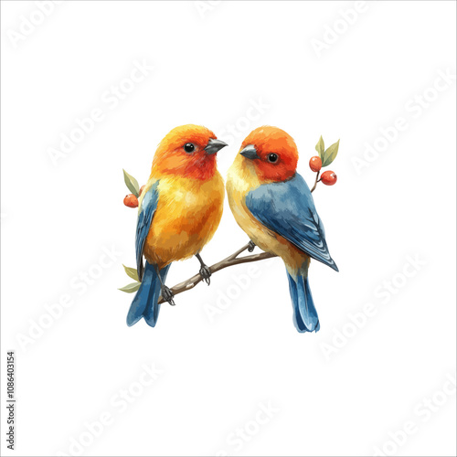 Watercolor lovebirds couple on a branch illustration. love Birds and heart watercolor vector.
