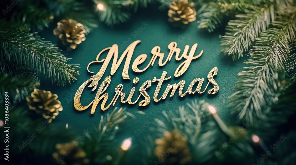 Merry Christmas depicted in elegant cursive on a forest green background, framed by soft gold accents and pine branches. Merry Christmas depicted in elegant cursive on a forest green background, framed by soft gold accents and pine branches.