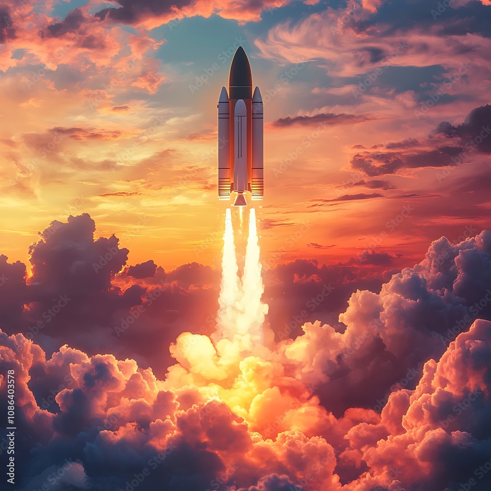 Naklejka premium Rocket launch captured in dynamic pop art style during sunset image