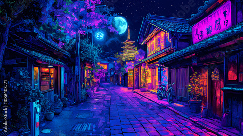 A synthwave cyberpunk drawing of a utopian japanese village at night, illuminated by vibrant neon colors and futuristic vibes. Neon Cyberpunk Alley. Illustration