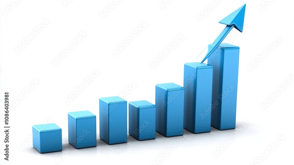 A blue bar graph with an upward arrow, symbolizing growth and progress.