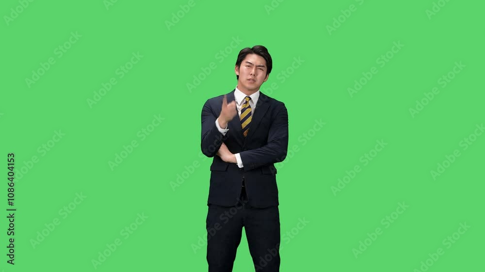 文句を言う男性ビジネスパーソン　クロマキー合成用グリーンバック映像