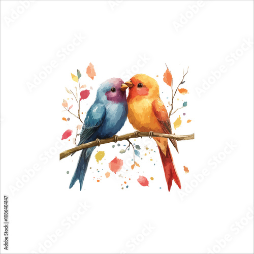 Watercolor lovebirds couple on a branch illustration. love Birds and heart watercolor vector.
