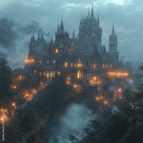 A mystical castle shrouded in fog, illuminated by warm lights amidst a dark forest.